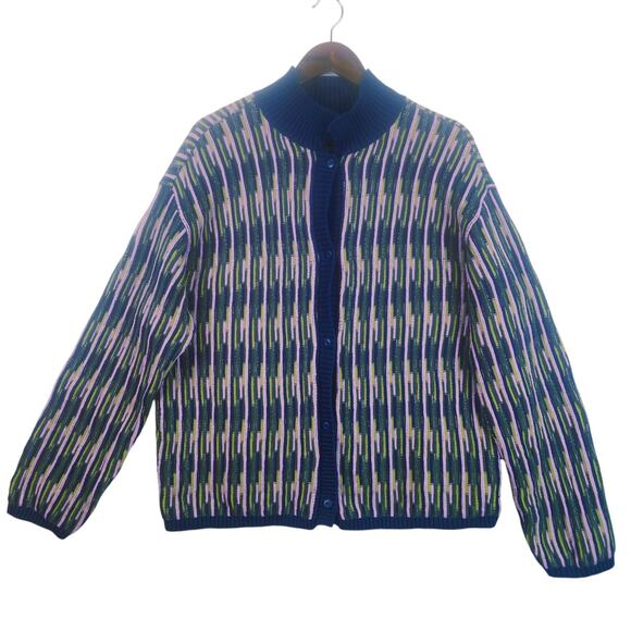 Vans Women's Alta Chunky Knit Cardigan Vertical Stripe Blue Green Pink M/L EUC - Picture 2 of 16